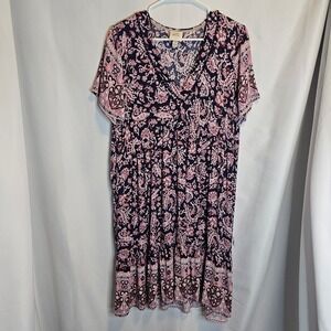 Knox Rose Women's Dress Large L Paisley Print Navy Pink Short Sleeve Casual Boho